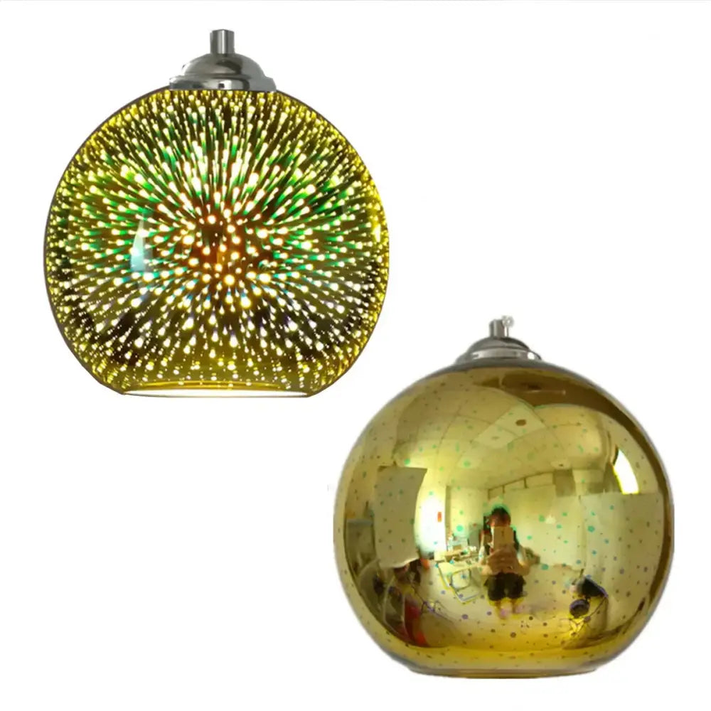 Golden spherical glass pendant lights with colorful 3d green and yellow starburst patterns for dining room use
