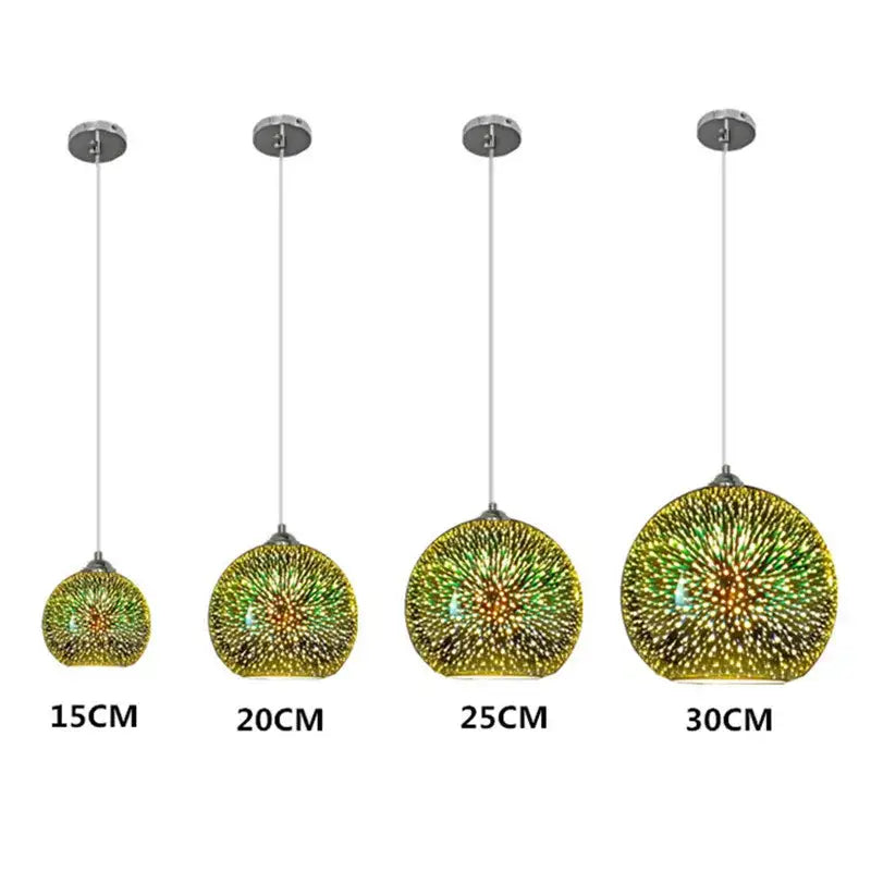 Set of four colorful 3d glass pendant lights with iridescent green and gold mosaic patterns for dining room use