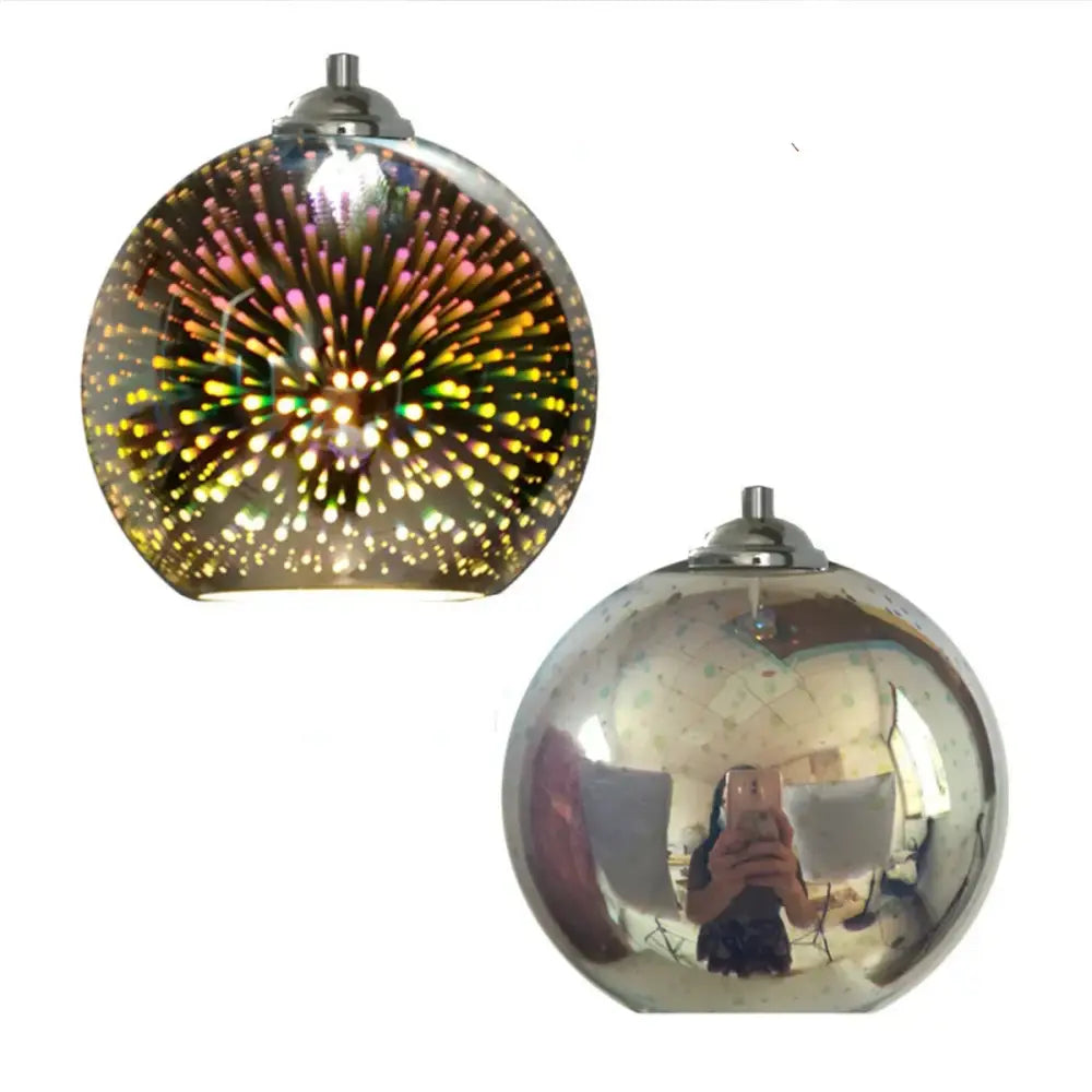Two modern pendant lights featuring colorful 3d glass with iridescent firework pattern and reflective chrome finish