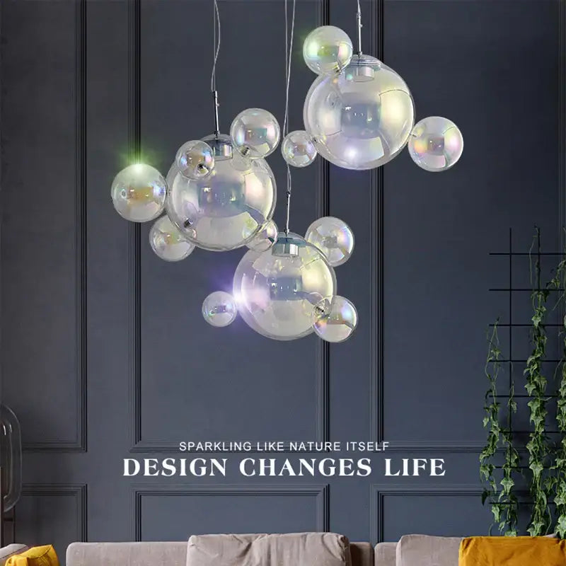 A modern pendant light featuring iridescent colorful glass ball spheres suspended by thin metal chains for dining room decorbites colorful glass decor