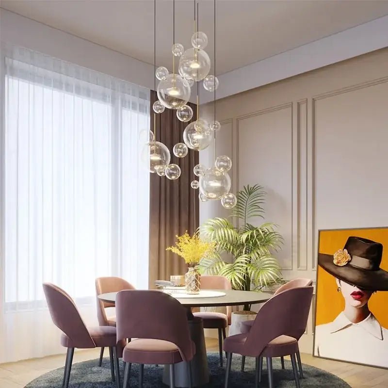 Modern iridescent colorful glass ball pendant light with clear spherical bulbs for dining room decorbites colorful glass decor