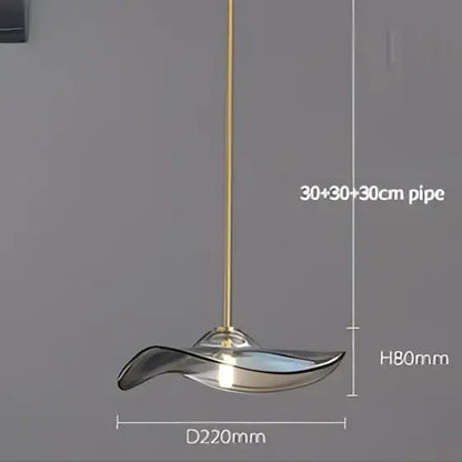 Modern iridescent glass plated pendant lamp with curved glass shade and brass-finished metal pipe for kitchen lighting