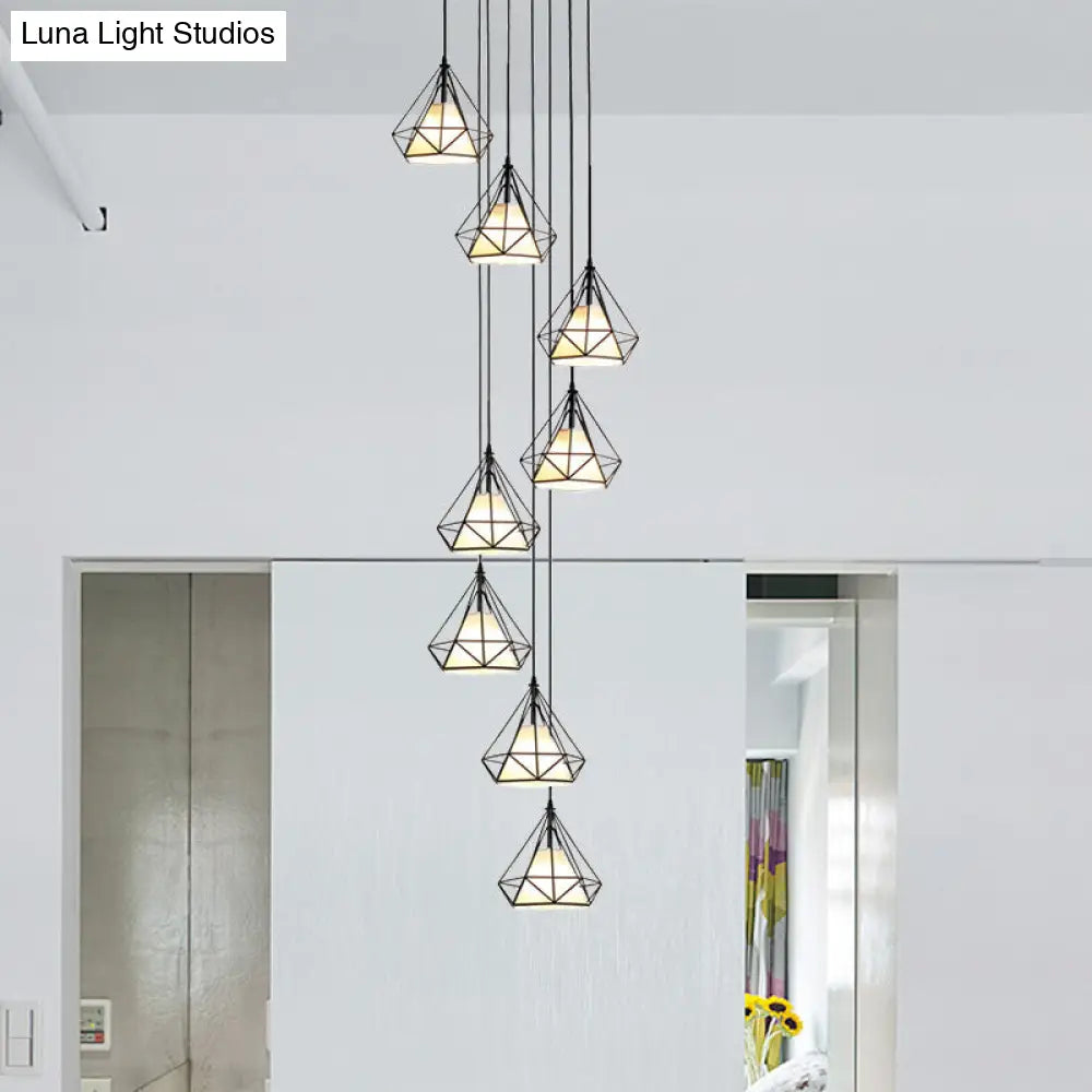 Modern Iron 8-Bulb Black Diamond Cage Ceiling Light Pendant Chandelier for Living Room