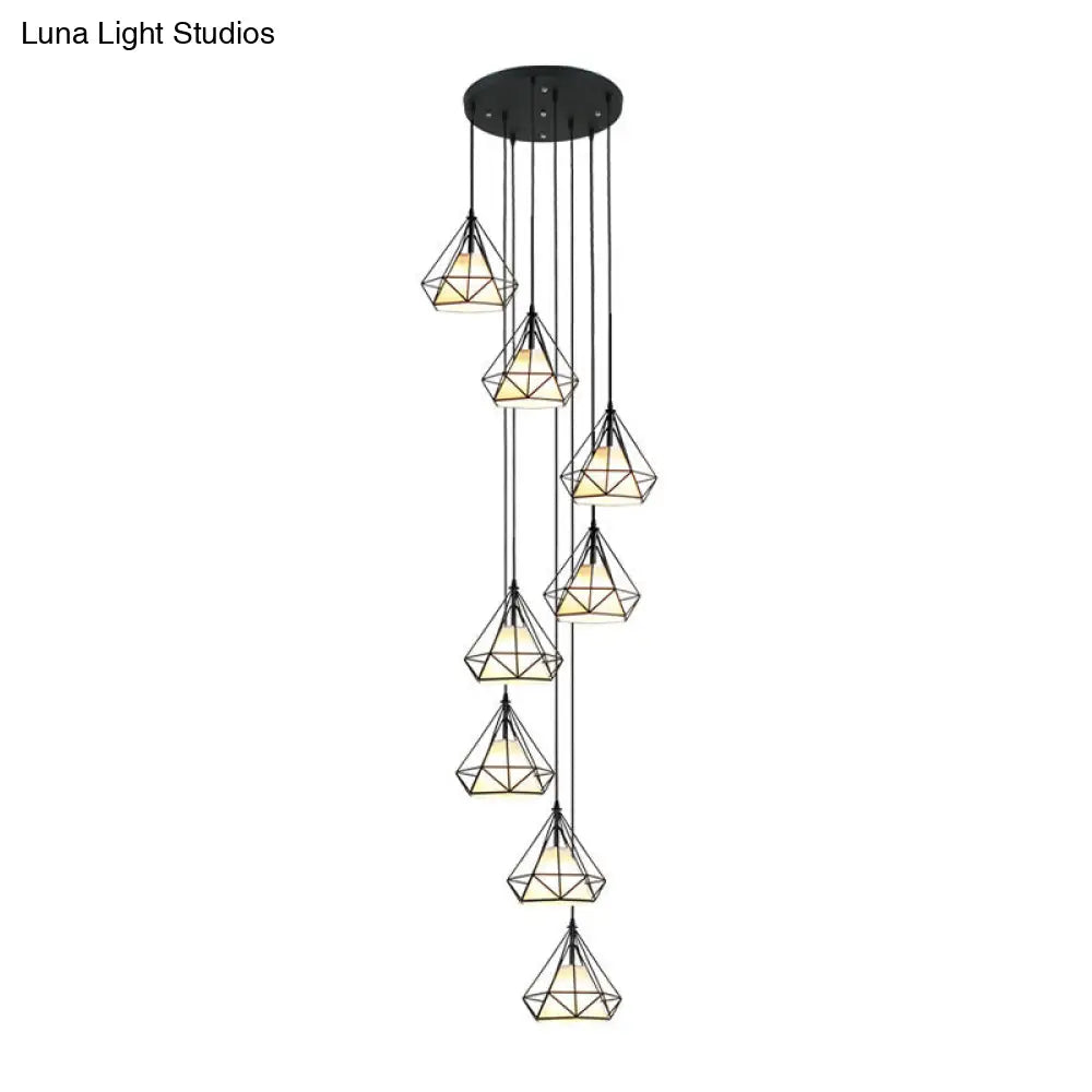 Modern Iron 8-Bulb Black Diamond Cage Ceiling Light Pendant Chandelier for Living Room