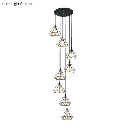 Modern Iron 8-Bulb Black Diamond Cage Ceiling Light Pendant Chandelier for Living Room