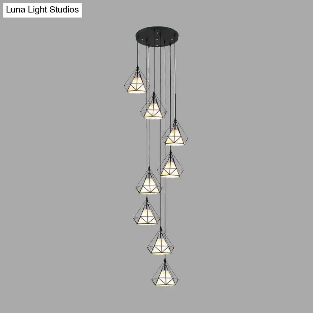 Modern Iron 8-Bulb Black Diamond Cage Ceiling Light Pendant Chandelier for Living Room