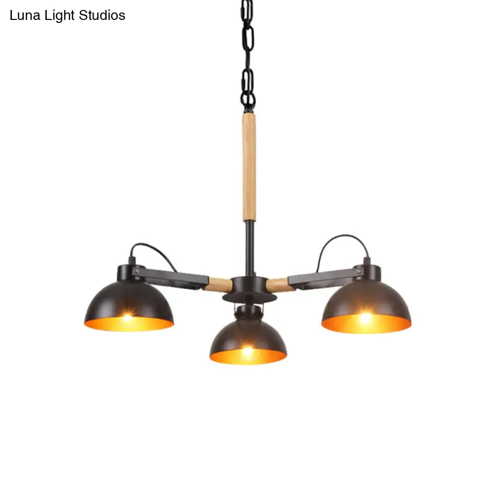 Modern Iron Black and Gold Chandelier with Rotating Bowl Shade and Wood Arm - 3/5/6 Head Ceiling Suspension Lamp