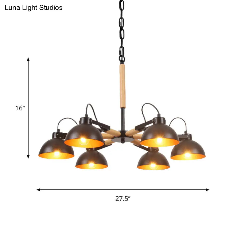Modern Iron Black and Gold Chandelier with Rotating Bowl Shade and Wood Arm - 3/5/6 Head Ceiling Suspension Lamp