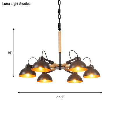 Modern Iron Black and Gold Chandelier with Rotating Bowl Shade and Wood Arm - 3/5/6 Head Ceiling Suspension Lamp