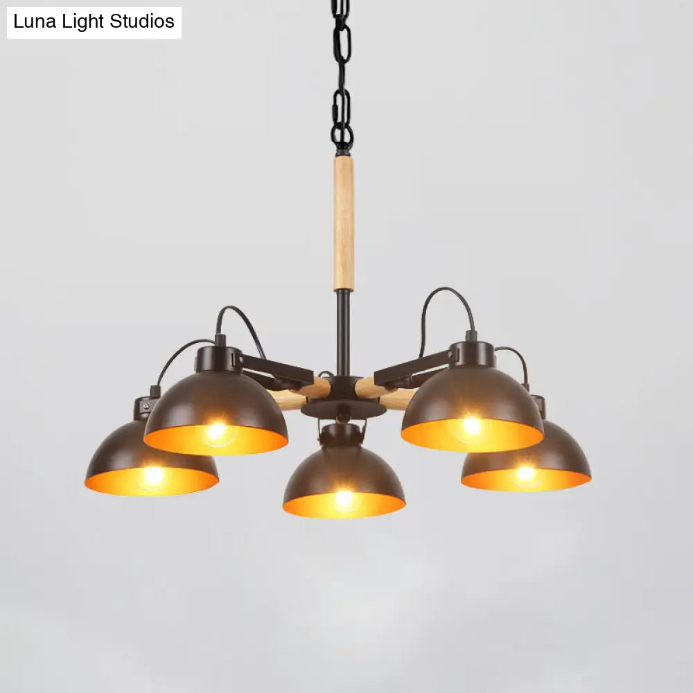 Modern Iron Black and Gold Chandelier with Rotating Bowl Shade and Wood Arm - 3/5/6 Head Ceiling Suspension Lamp