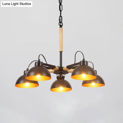 Modern Iron Black and Gold Chandelier with Rotating Bowl Shade and Wood Arm - 3/5/6 Head Ceiling Suspension Lamp