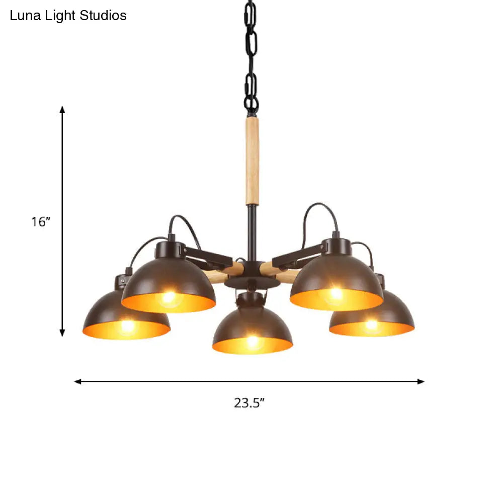 Modern Iron Black and Gold Chandelier with Rotating Bowl Shade and Wood Arm - 3/5/6 Head Ceiling Suspension Lamp