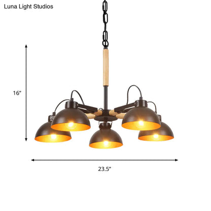 Modern Iron Black and Gold Chandelier with Rotating Bowl Shade and Wood Arm - 3/5/6 Head Ceiling Suspension Lamp
