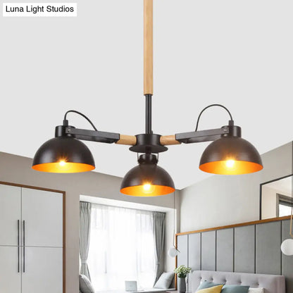 Modern Iron Black and Gold Chandelier with Rotating Bowl Shade and Wood Arm - 3/5/6 Head Ceiling Suspension Lamp