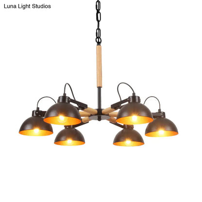 Modern Iron Black and Gold Chandelier with Rotating Bowl Shade and Wood Arm - 3/5/6 Head Ceiling Suspension Lamp