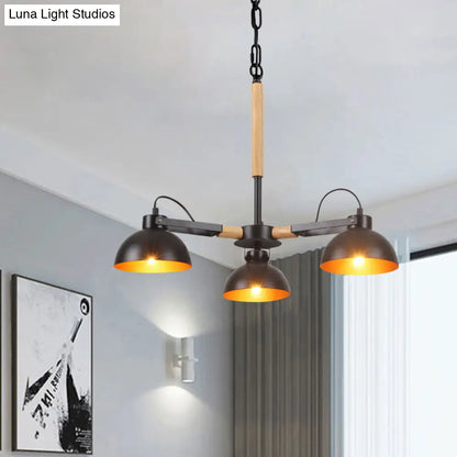 Modern Iron Black and Gold Chandelier with Rotating Bowl Shade and Wood Arm - 3/5/6 Head Ceiling Suspension Lamp