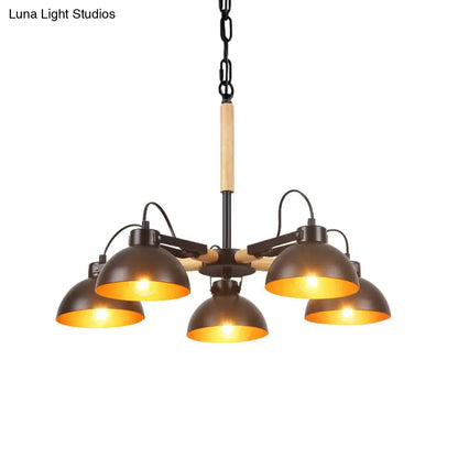 Modern Iron Black and Gold Chandelier with Rotating Bowl Shade and Wood Arm - 3/5/6 Head Ceiling Suspension Lamp