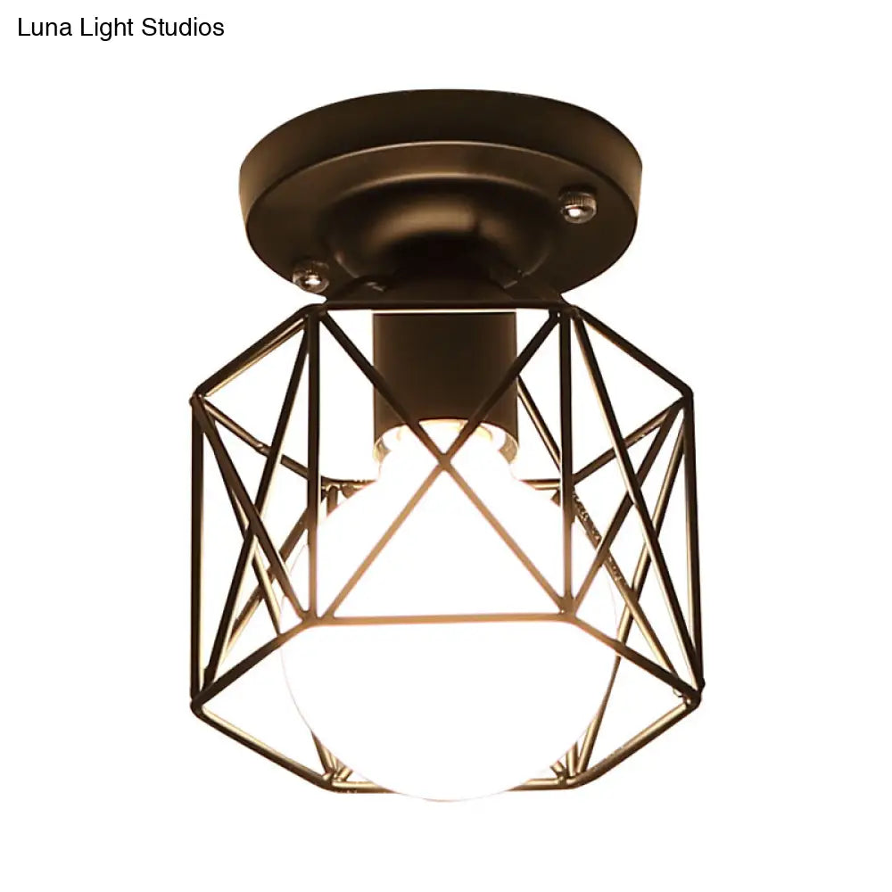 DecorBites™ DecorBites™ Modern Iron Black Hexagon Cage Flush Mount Kitchen Lighting - 1 Bulb Flushmount Ceiling Lamp