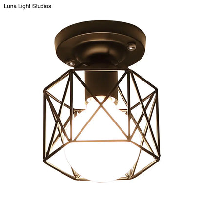 DecorBites™ DecorBites™ Modern Iron Black Hexagon Cage Flush Mount Kitchen Lighting - 1 Bulb Flushmount Ceiling Lamp