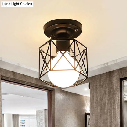 DecorBites™ DecorBites™ Modern Iron Black Hexagon Cage Flush Mount Kitchen Lighting - 1 Bulb Flushmount Ceiling Lamp