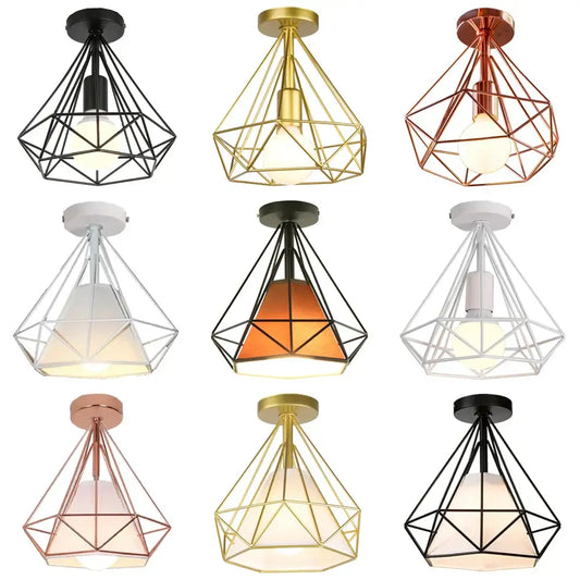 Modern iron cage ceiling lamp with geometric wireframe design in black gold rose gold and white finishes for decorbites iron cage ceiling use