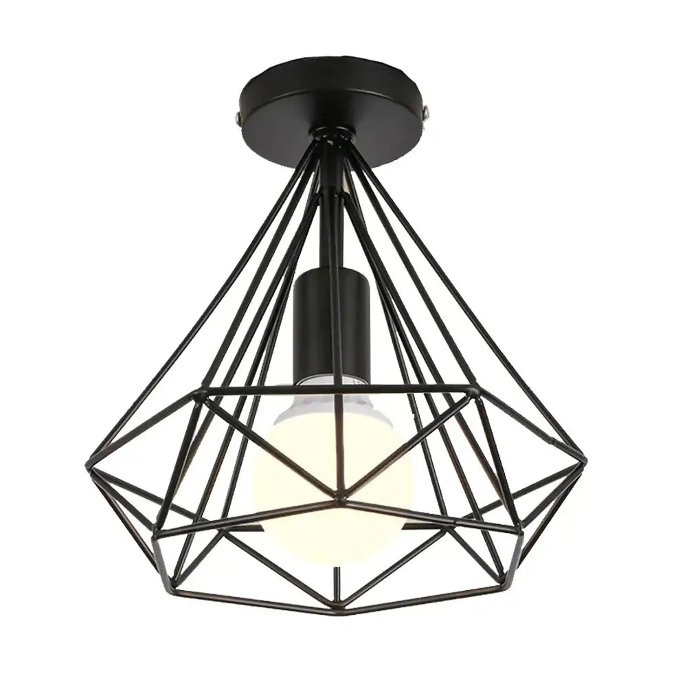Modern iron cage ceiling lamp with black metal geometric decorbites iron cage and warm glowing bulb inside