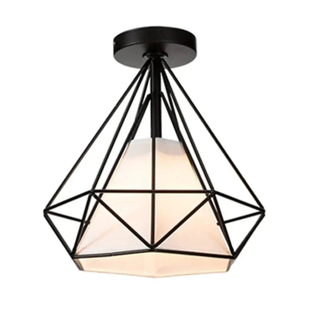 Black metal iron cage ceiling lamp with diamond shape and frosted glass shade for modern kitchen decorbites iron cage