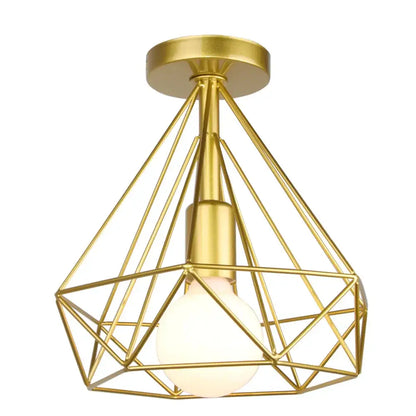 Modern iron cage ceiling lamp featuring a gold-colored geometric wireframe and frosted bulb for kitchen decorbites iron cage
