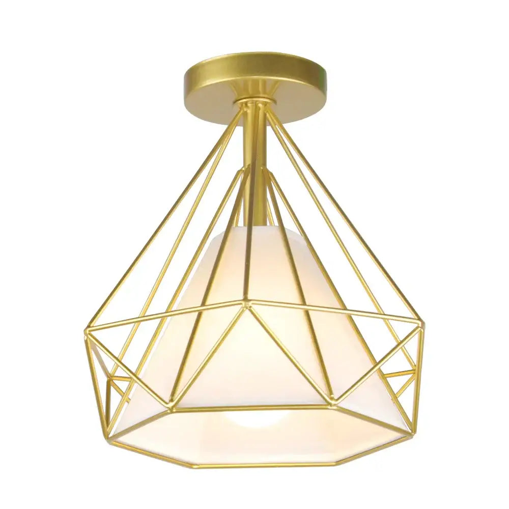 Gold geometric wireframe decorbites iron cage ceiling lamp with frosted white glass shade for modern kitchen decor