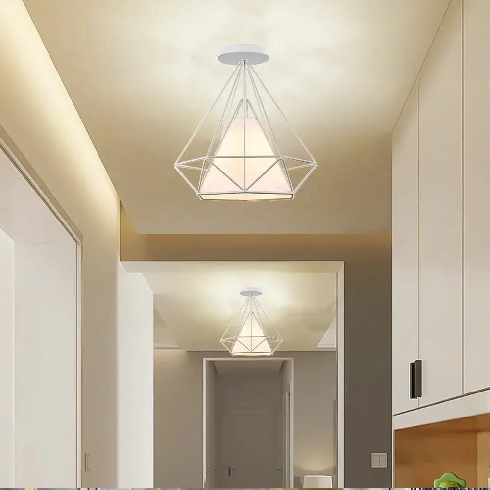 Modern white iron cage ceiling lamp with geometric diamond frame made of intersecting metal rods for decorbites iron cage decor