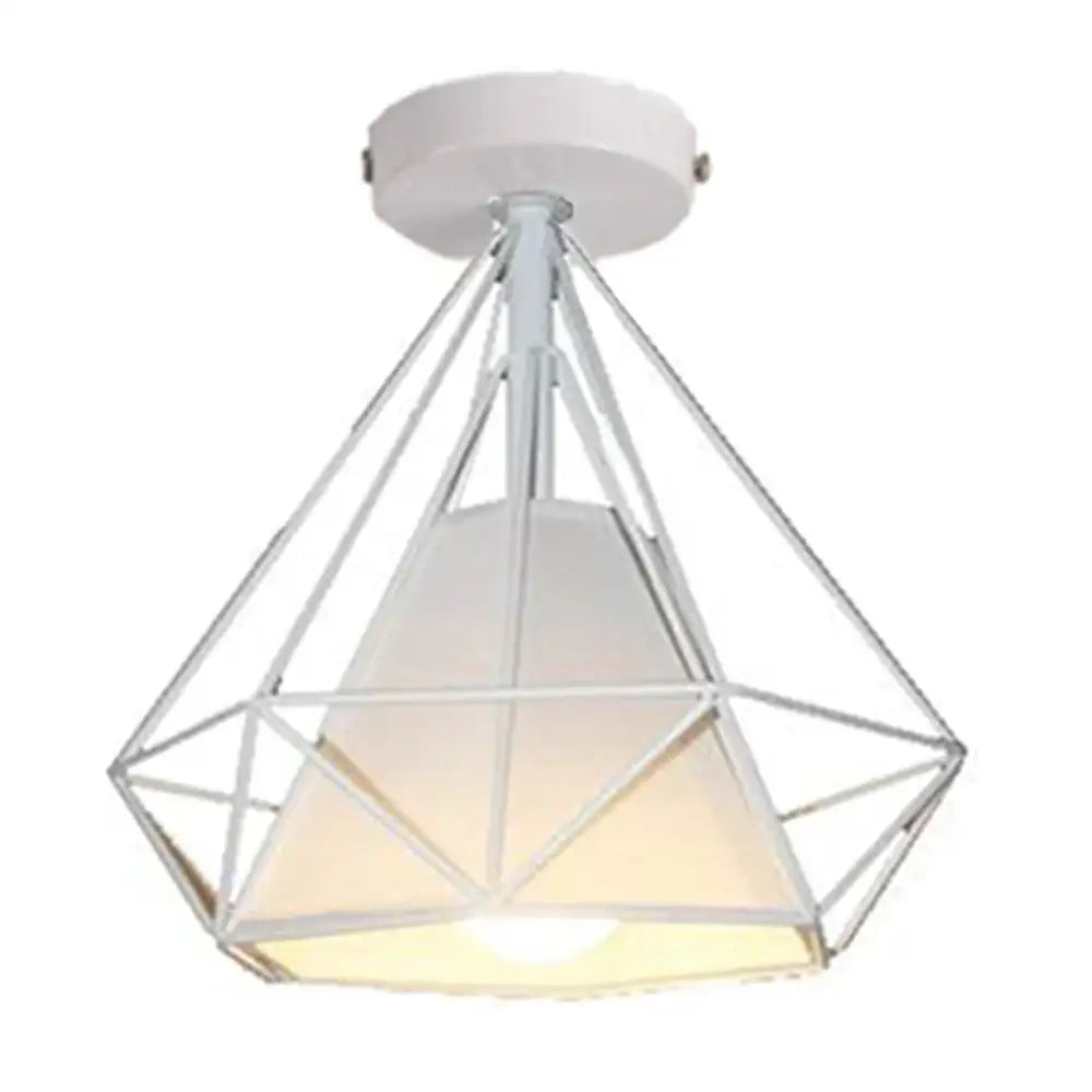 Modern white geometric pendant light with diamond iron cage ceiling frame and frosted glass shade for decorbites iron cage decor