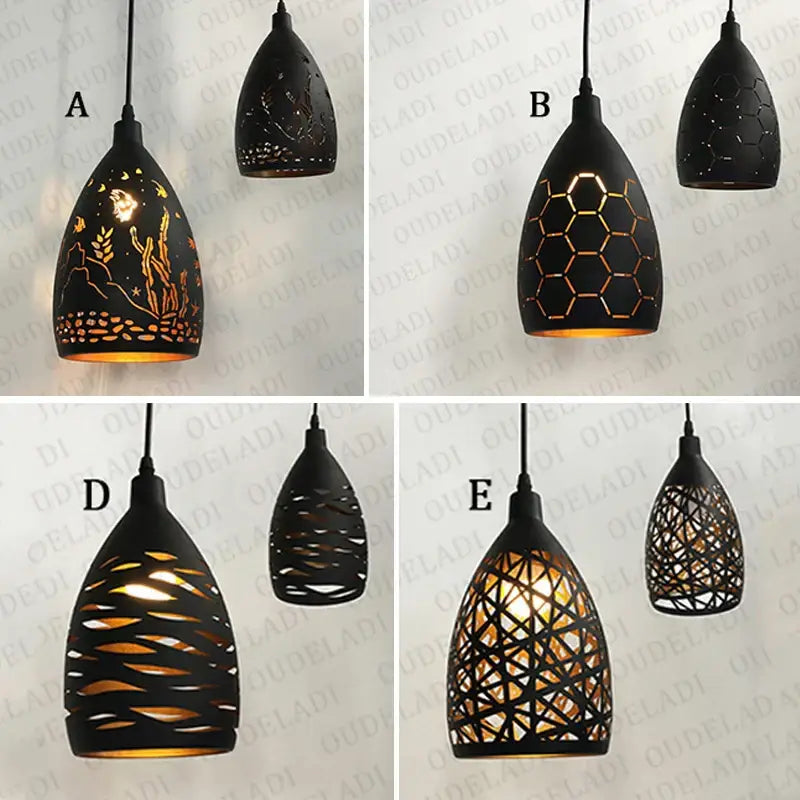 Black ceramic modern iron cage pendant light with intricate cut-out patterns and warm glow for dining room decorbites iron cage pendant