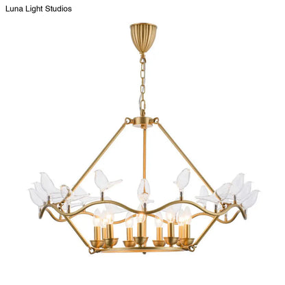 Lámpara de techo tipo candelabro moderna de hierro forjado en color dorado con pájaros de cristal transparente - 6/9 luces para sala de estar