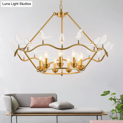 Lámpara de techo tipo candelabro moderna de hierro forjado en color dorado con pájaros de cristal transparente - 6/9 luces para sala de estar