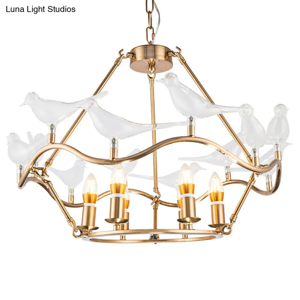 Lámpara de techo tipo candelabro moderna de hierro forjado en color dorado con pájaros de cristal transparente - 6/9 luces para sala de estar