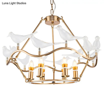 Lámpara de techo tipo candelabro moderna de hierro forjado en color dorado con pájaros de cristal transparente - 6/9 luces para sala de estar
