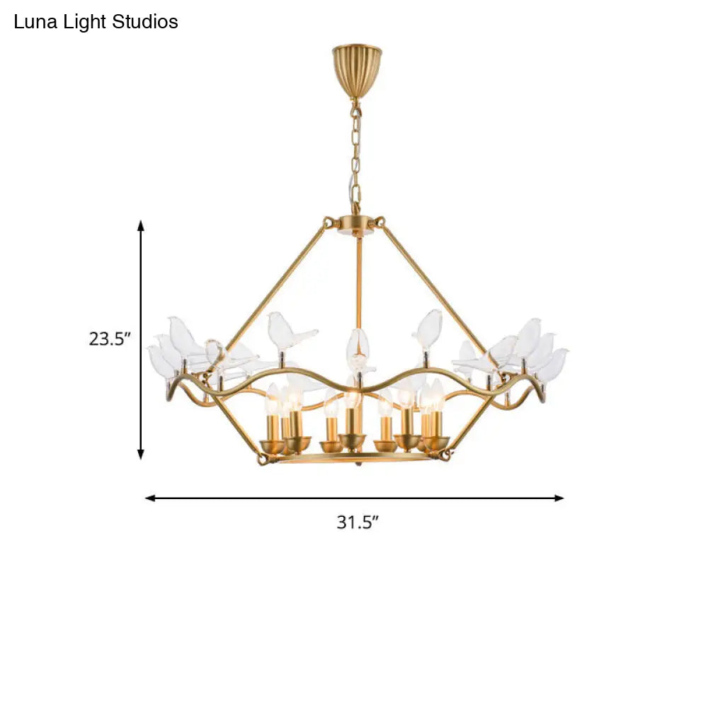 Lámpara de techo tipo candelabro moderna de hierro forjado en color dorado con pájaros de cristal transparente - 6/9 luces para sala de estar