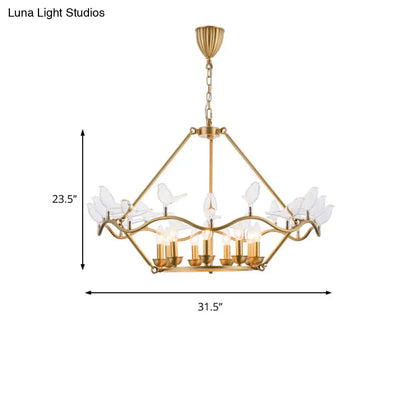 Lámpara de techo tipo candelabro moderna de hierro forjado en color dorado con pájaros de cristal transparente - 6/9 luces para sala de estar