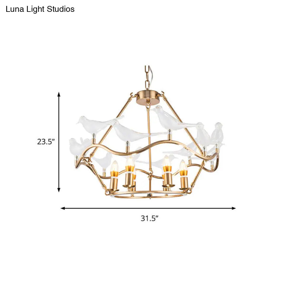 Lámpara de techo tipo candelabro moderna de hierro forjado en color dorado con pájaros de cristal transparente - 6/9 luces para sala de estar
