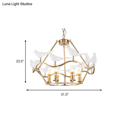 Lámpara de techo tipo candelabro moderna de hierro forjado en color dorado con pájaros de cristal transparente - 6/9 luces para sala de estar