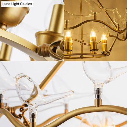 Lámpara de techo tipo candelabro moderna de hierro forjado en color dorado con pájaros de cristal transparente - 6/9 luces para sala de estar