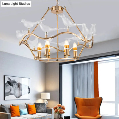 Lámpara de techo tipo candelabro moderna de hierro forjado en color dorado con pájaros de cristal transparente - 6/9 luces para sala de estar