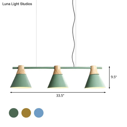 مصباح تعليق مخروطي حديدي حديث بثلاث لمبات باللون الأصفر/الأزرق/الأخضر - تصميم خطي لغرفة الطعام