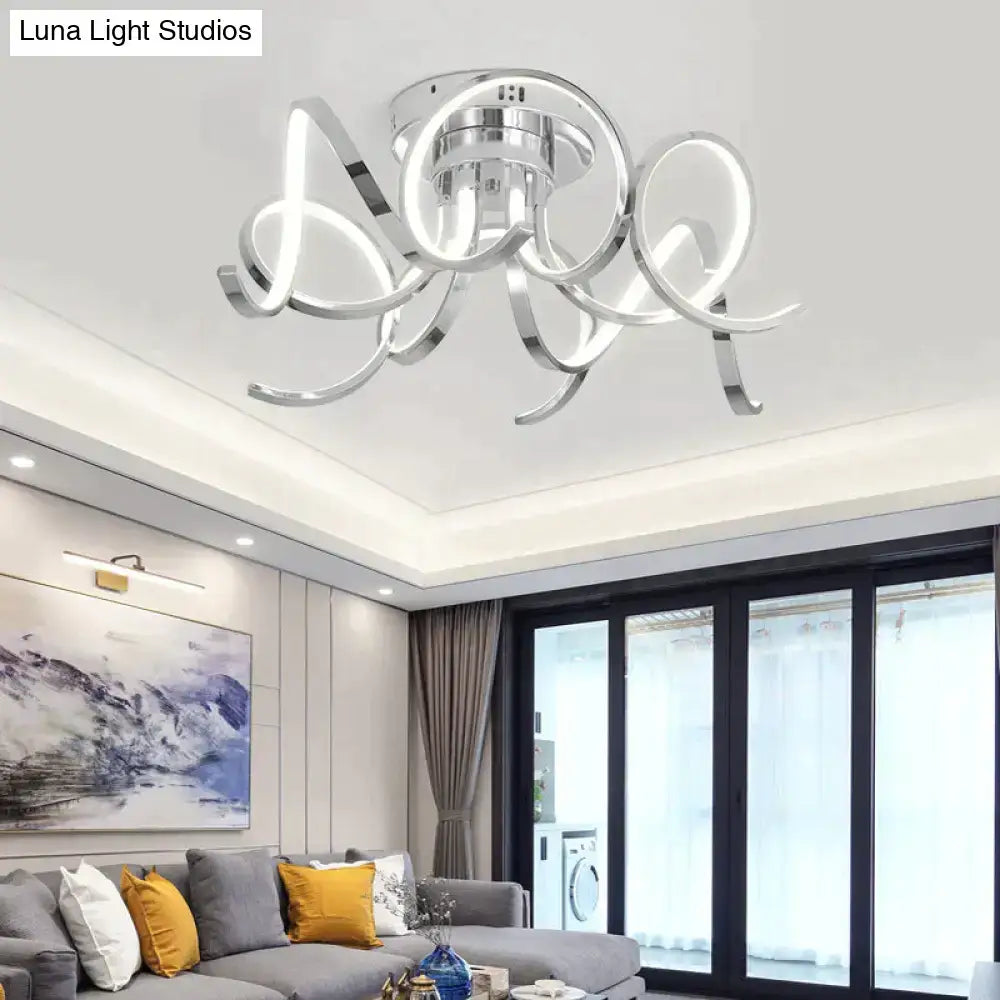 Modern chrome-finished led modern iron crystal ceiling light with flowing sculptural ring design for foyer or bedroom