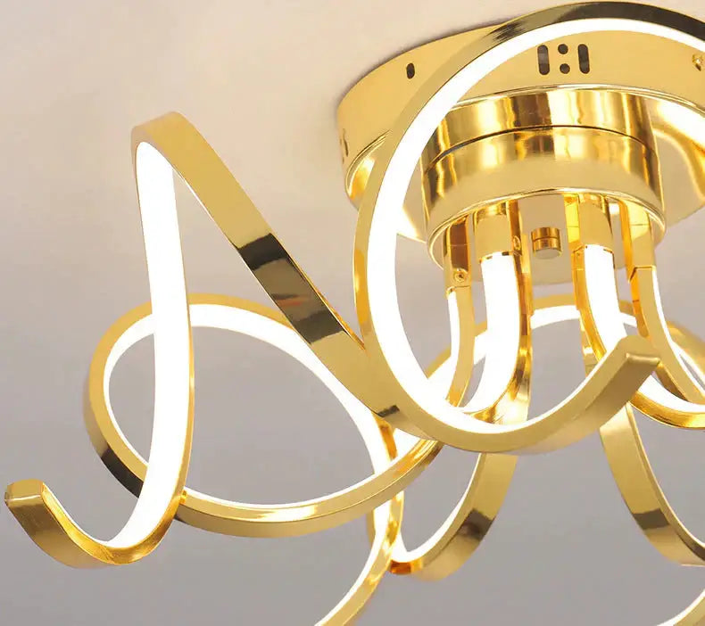 Gold-colored led modern iron pendant light with sleek curved aluminum arms for foyer and bedroom lighting