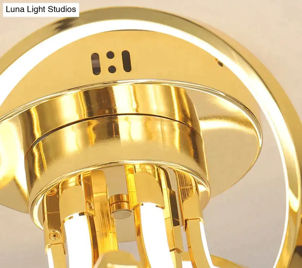 Gold-finished decorbites led modern iron crystal pendant light with circular ring and vertical led bars in aluminum acrylic