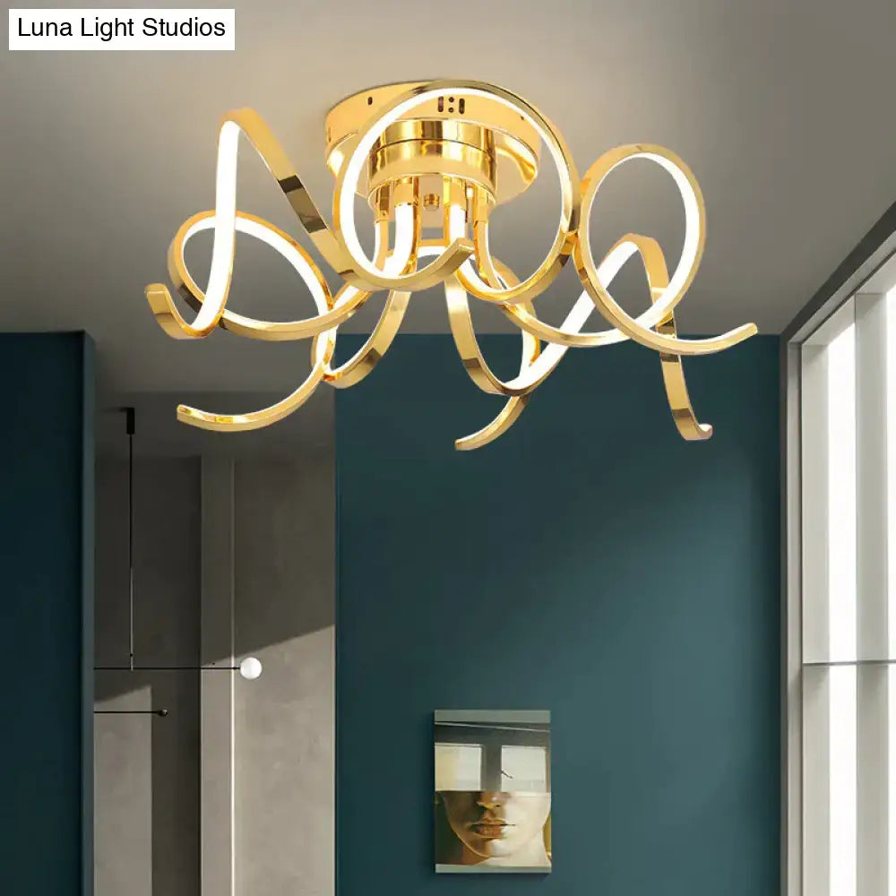 Gold-toned led modern iron ceiling light with sleek intertwined metallic rings and central circular fixture for bedroom or foyer