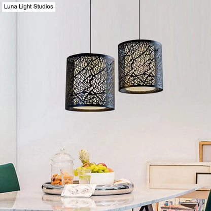 Modern Iron Drum Pendant Light with Etched Design - Black Shade