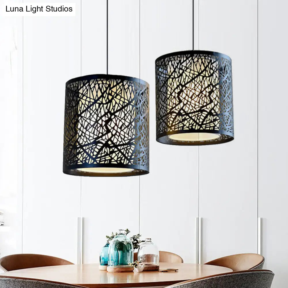 Modern Iron Drum Pendant Light with Etched Design - Black Shade