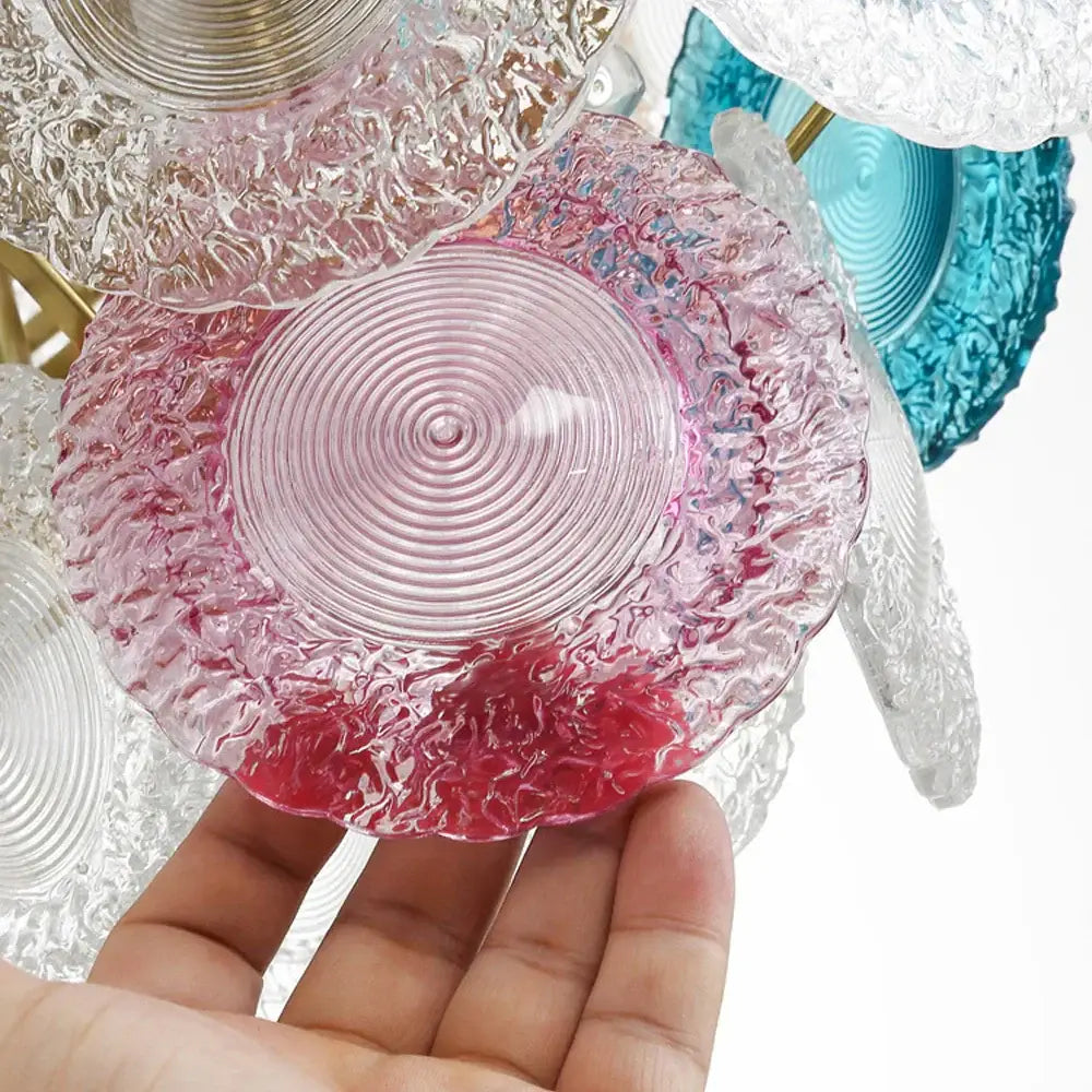 Modern iron glass colorized chandelier featuring a translucent pink glass plate with textured ripple pattern decorbites iron glass